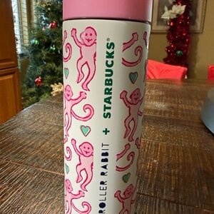 Starbucks Pink and White Tumbler with Monkey Pattern